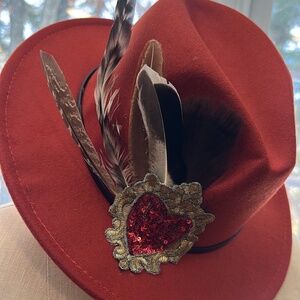 HAT Deep red felt + feather plume + sequin sacred heart